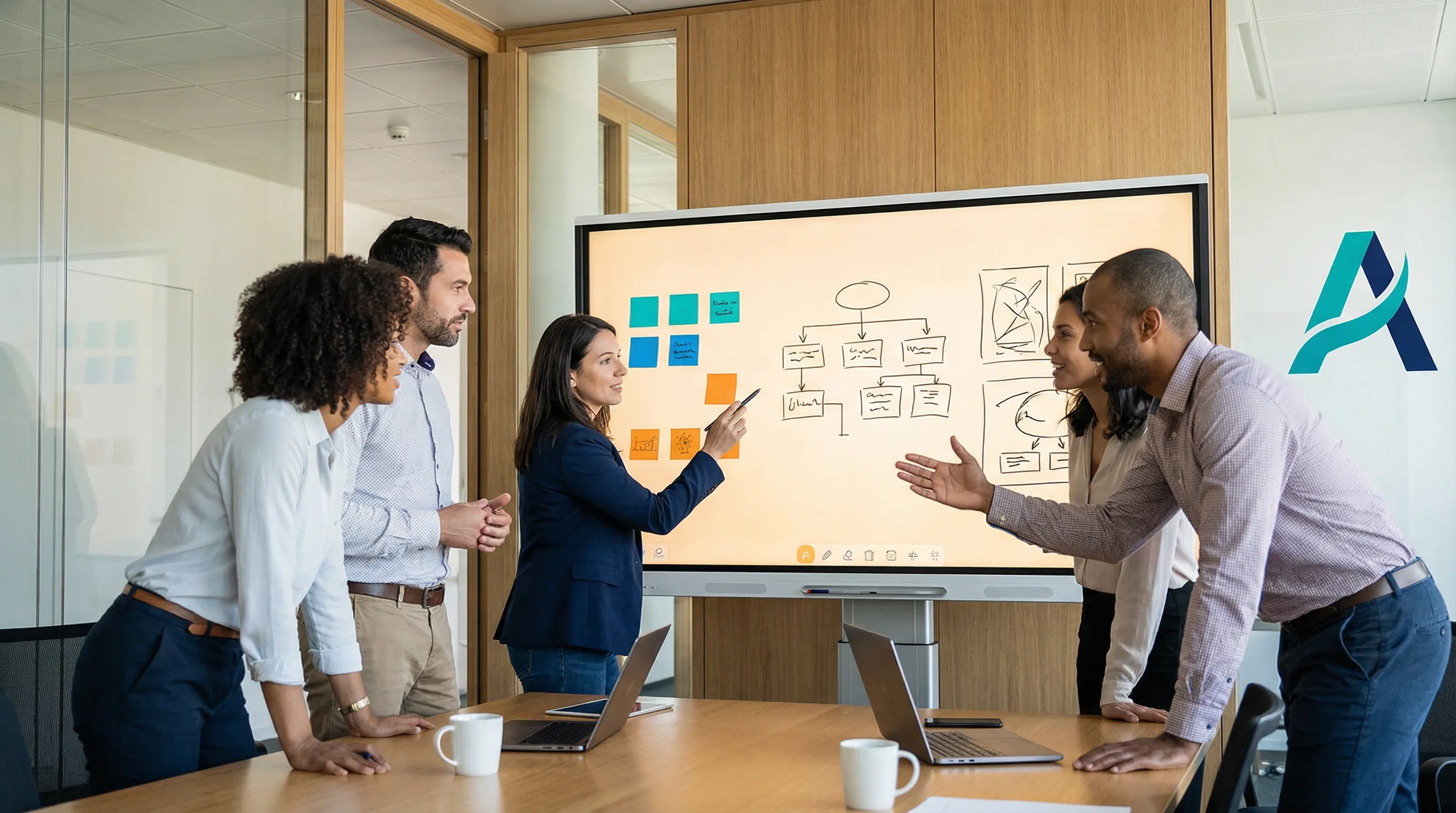 Team arbeitet gemeinsam mit boardDIGITAL am digitalen Whiteboard